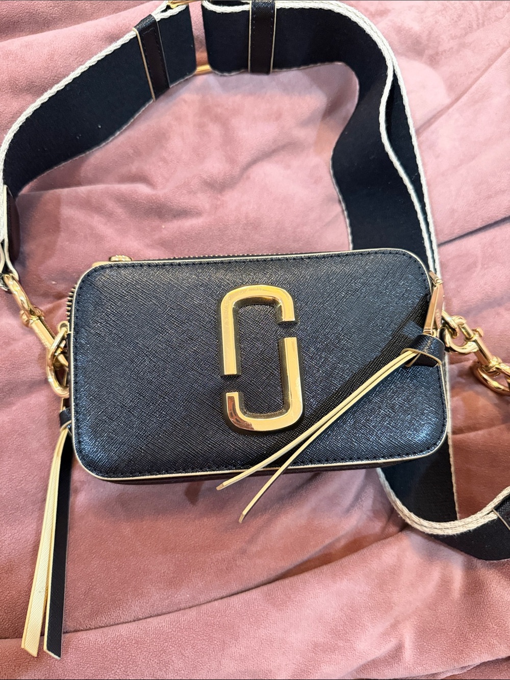Marc Jacobs Black & Cream Snapshot Crossbody Bag with Gold Hardware